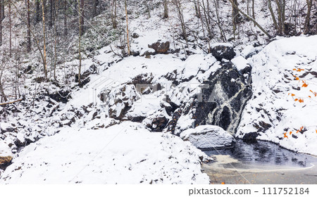 Waterfalls of Suna River on a cold cloudy winter day, landscape photo of Girvas village Waterfalls of Suna River on a cold cloudy winter day, landscape photo of Girvas village 111752184