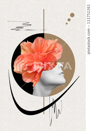 Abstract contemporary art design or portrait of young woman with flowers on face hides her eyes Abstract contemporary art design or portrait of young woman with flowers on face hides her eyes 111752261