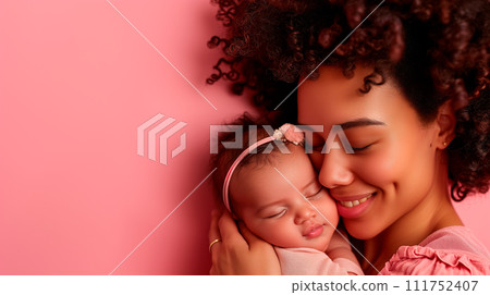 AI-generated content. Pretty African mom smile and holding a newborn baby in her arms. Baby care. Happy family. Love people concept. Generative AI 111752407