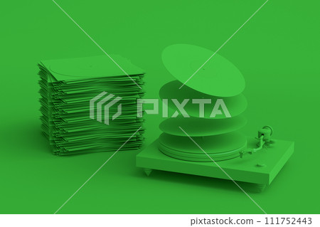 Set of Hi-fi speakers and DJ turntable with vinyl LP record on heap of covers 111752443