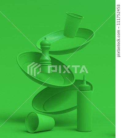 Set of disposable utensils like plate, folk, spoon,knife, cup and pepper mill 111752458