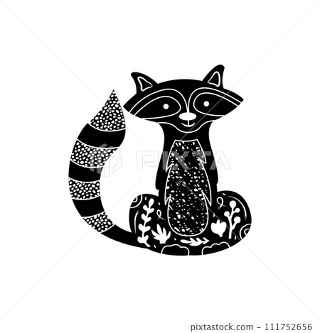 Cute cartoon raccoon with white floral elements. Forest animal vector. Linocut style vector illustration, isolated on white background Cute cartoon raccoon with white floral elements. Forest animal vector. Linocut style vector illustration, isolated on white background 111752656