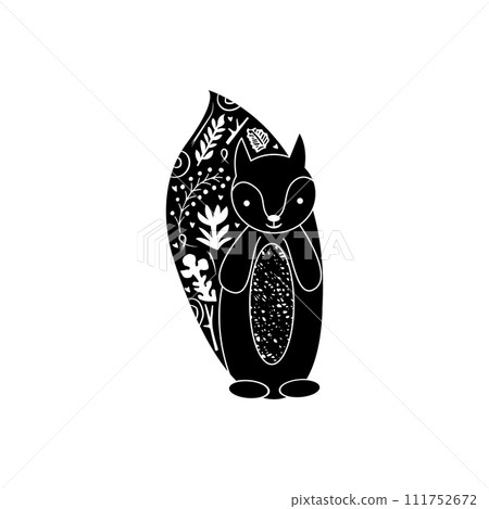 Squirrel hand drawn in linocut or woodcut style, silhouette vector illustration, isolated on white background. Modern boho decorative linocut. 111752672