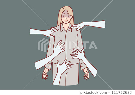 Nightmare of frightened girl standing in pajamas among hands of resurrected monsters 111752683