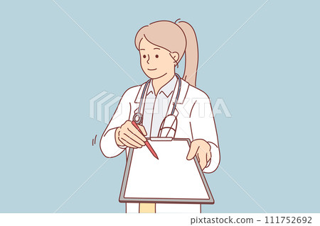 Woman doctor with clipboard in hands wants to get patient signature with permission for surgery 111752692