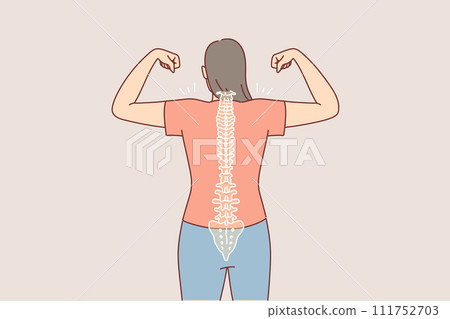 Woman with good posture and straight spine shows biceps, standing with back to camera 111752703