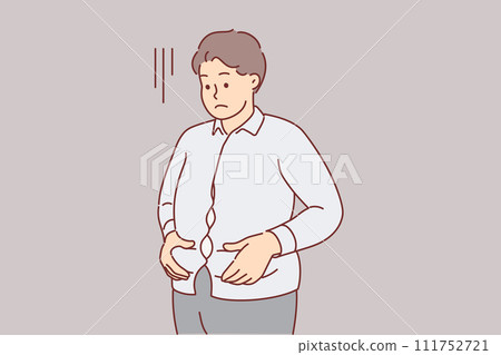 Overweight man is upset holding stomach, dressed in small shirt and needs to consult nutritionist 111752721