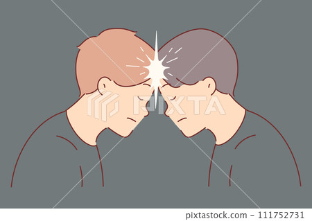 Two men brainstorm together and touch foreheads to create telepathic connection. 111752731