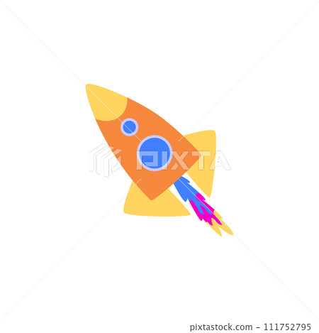Cartoon flying Space rocket or spaceship, vector Astronomy technology object, childish shuttle with portholes and flame 111752795