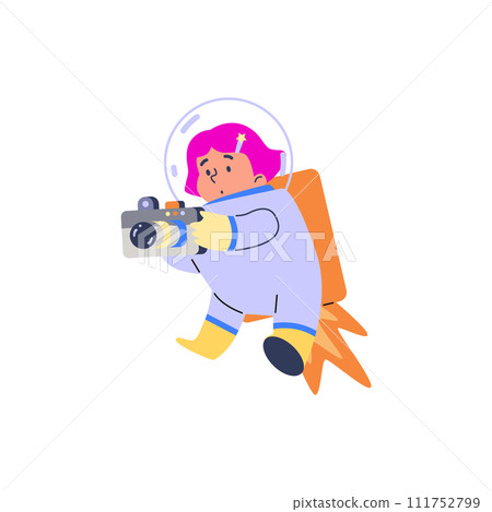 A child in a spacesuit takes pictures of space scenes with a camera. Vector art. A child in a spacesuit takes pictures of space scenes with a camera. Vector art. 111752799
