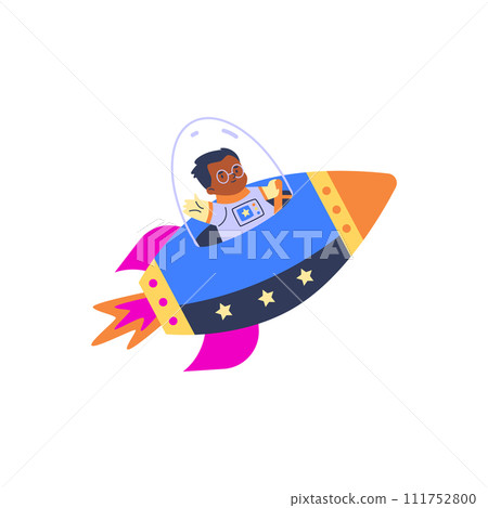 The illustration shows a boy in a spacesuit flying in space on a rocket. 111752800