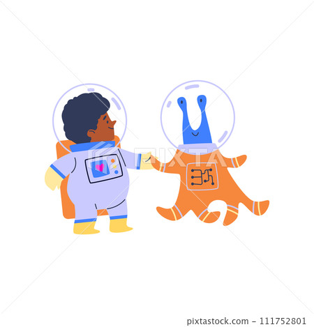 Child astronaut and alien in vector scene. Flat isolated design. 111752801
