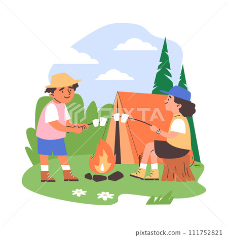 Children's summer camp scene with tent and fire. Flat illustration with characters. Children's summer camp scene with tent and fire. Flat illustration with characters. 111752821