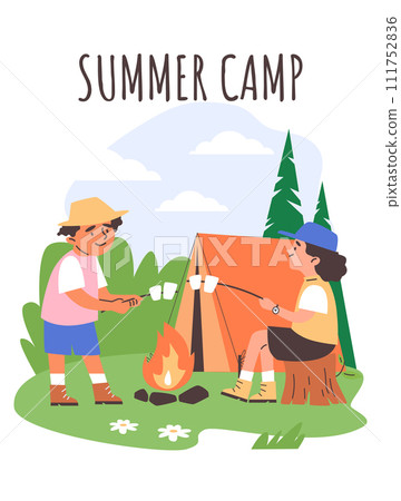 Flyer Illustration of a summer camping character near a campfire with marshmallows. Flyer Illustration of a summer camping character near a campfire with marshmallows. 111752836