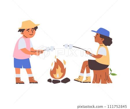 Flat, isolated vector of children enjoying marshmallows by the campfire. Flat, isolated vector of children enjoying marshmallows by the campfire. 111752845