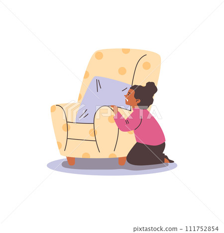 Stressed child girl hiding behind chair flat style, vector illustration 111752854