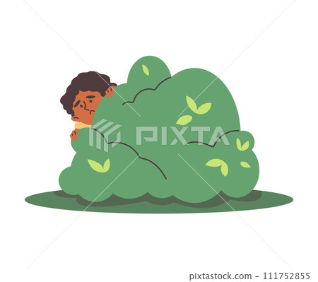Scared child hiding behind green bush and peeping, vector cartoon boy playing hide and seek outside, kid fear, activity 111752855