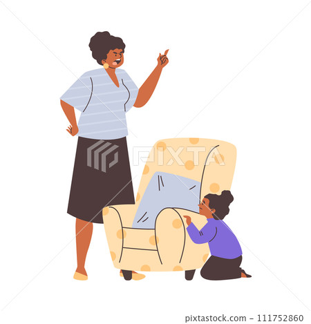 Angry mother yells at his daughter hiding behind a armchair, cartoon raising teenager, family conflict isolated on white Angry mother yells at his daughter hiding behind a armchair, cartoon raising teenager, family conflict isolated on white 111752860