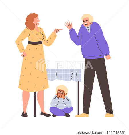 Angry parents swear and shout while their son hides under the table, scared little boy victim, vector unhappy family 111752861