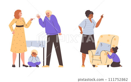 Child hides from parents during a quarrel, flat vector illustration isolated. Child hides from parents during a quarrel, flat vector illustration isolated. 111752862