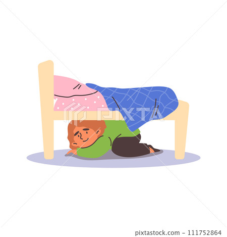 Happy smiling child hiding under the bed, flat vector illustration isolated. Happy smiling child hiding under the bed, flat vector illustration isolated. 111752864