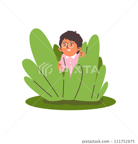 Shy child boy in round glasses hiding in bush flat style 111752875