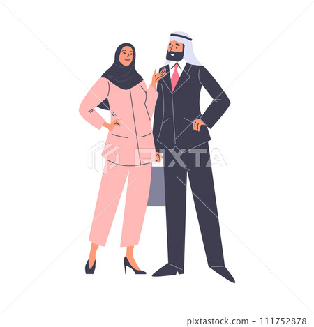 Smiling Arabic man in turban and woman in hijab, vector Muslim business fashion in pink and black colors, Islamic couple Smiling Arabic man in turban and woman in hijab, vector Muslim business fashion in pink and black colors, Islamic couple 111752878