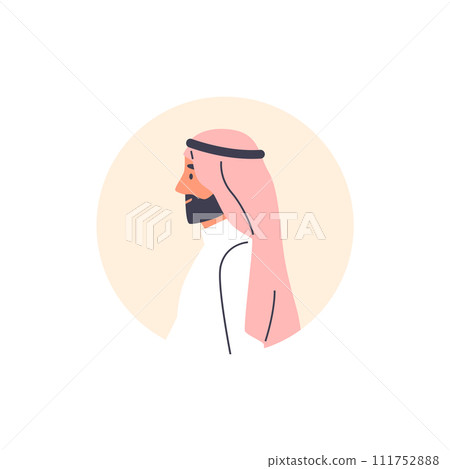 Portrait of Arab man with beard and hijab headdress, oriental businessman vector Muslim male fashion side view in circle 111752888