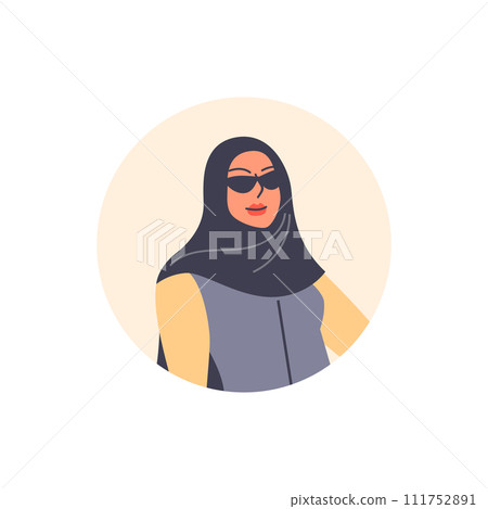 Smiling Arabic woman in hijab and sunglasses, vector Muslim business female in national Islamic outfit in circle frame 111752891