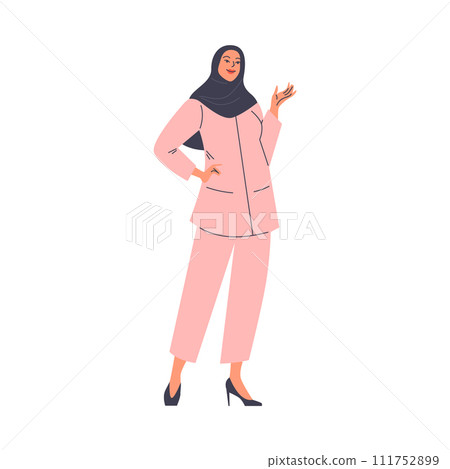 Chic oriental lady in a pink pantsuit and hijab on an isolated background. 111752899