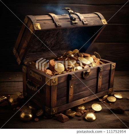 Treasure, antique retro chest with jewelry, gold and coins in an old wall, luck, wealth, unique find 111752954