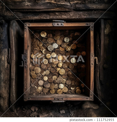 Treasure, antique retro chest with jewelry, gold and coins in an old wall, luck, wealth, unique find, view from above 111752955