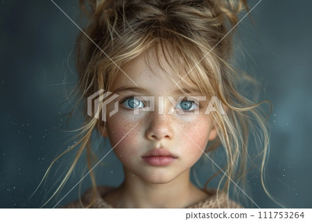 A close-up portrait of a little girl .She is a pretty, sweet, attractive, curious, creative, cheerful girl 111753264