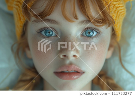 A close-up portrait of a little girl .She is a pretty, sweet, attractive, curious, creative, cheerful girl 111753277