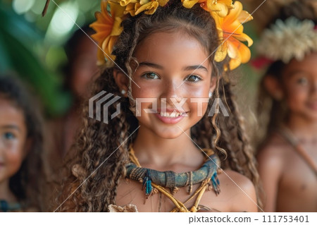 Portrait of a beautiful little girl with jewelry on her head and neck in a warm Asian country 111753401