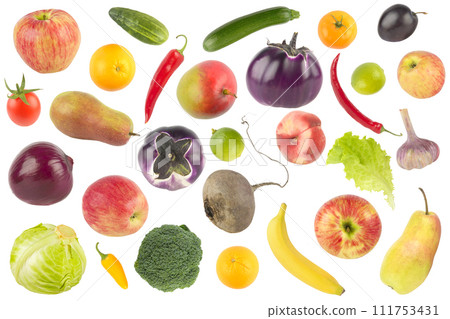 Big set falling fruits and vegetables isolated on white Big set falling fruits and vegetables isolated on white 111753431