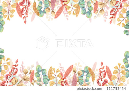 Floral horizontal frame of dried lagurus, eucalyptus branch, abstract flowers. Bunny tail, silver dollar eucalyptus, spikelet. Herbal composition. Watercolor illustration with copy space for text 111753434