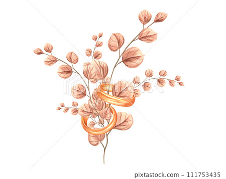 Wedding golden rings decorated delicate peach-colored herbs. Engagement rings. Meadow wild plants. Dried vintage plant. Watercolor illustration. For invitation or greeting cards. 111753435