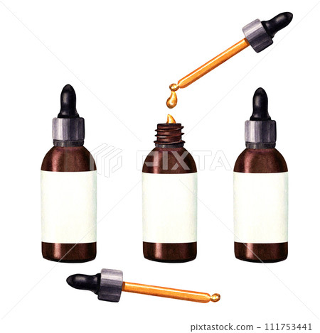 A set of small brown glass bottles with white labels and pipettes for cosmetic oil, serum, medicine. Hand drawn watercolor illustration isolated on white background. For clip art template label 111753441