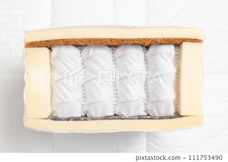 Sample of modern orthopedic mattress on textile. 111753490