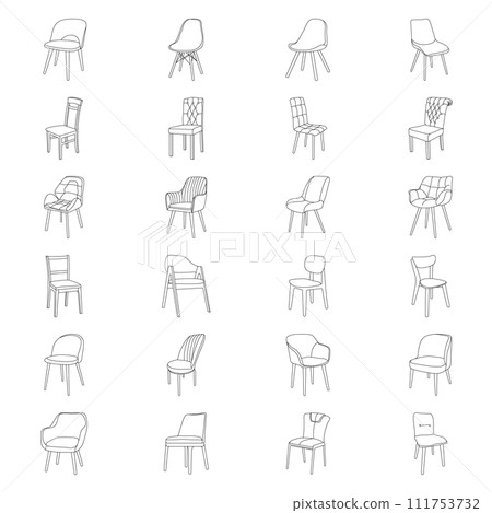 Chairs vector icon set. A set of chairs for the home. Furniture chairs set. A set of soft chairs for a cafe, home, restaurant. Comfortable furniture, chairs, interior design for the home. 111753732