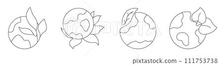Ecology icons set. Vector icon of the planet with a leaf. Planet save vector icon concept. Terraforming symbol. Earth atmosphere symbol icon. Planet earth is life. 111753738