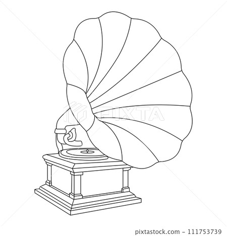 Gramophone vector linear icon. Vintage record player icon. Vinyl music player. Vintage column for songs. Vector illustration. 111753739