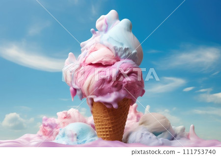 A towering scoop of colorful melting ice cream against a vibrant blue sky, representing a hot summer day 111753740