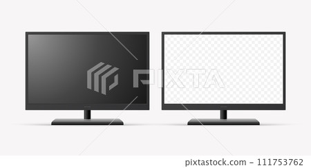 Vector 3d Realistic Modern TV Screen. Minimalistic Stylish Lcd Panel, Led TV Frame. Large Computer Monitor Display Design for Mockup. Blank Television Template. Catalog, Web Site Concept. Front View 111753762