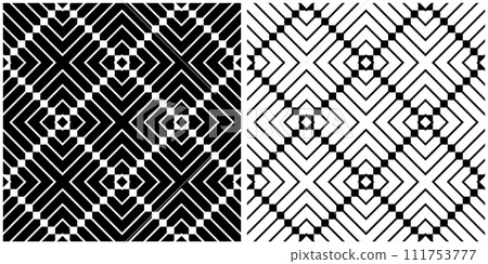Set of Seamless Geometric Checked Black and White Patterns. Vector Art. 111753777