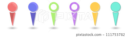 Location label vector. Pin on the map. Geolocation sign vector set of stylish icons. Trendy GPS icons. Point on the map vector. Colored needles on the map. Navigation pin. 111753782
