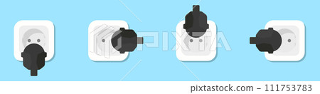 Plug and socket icons set. Connecting the plug to the outlet in different positions. The concept of connecting to the power grid vector. Socket vector. Connecting electrical appliances vector. 111753783