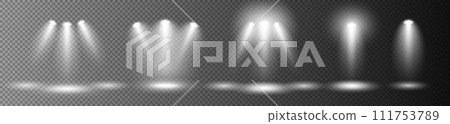 A set of glowing white transparent lighting effects on a dark background. 111753789