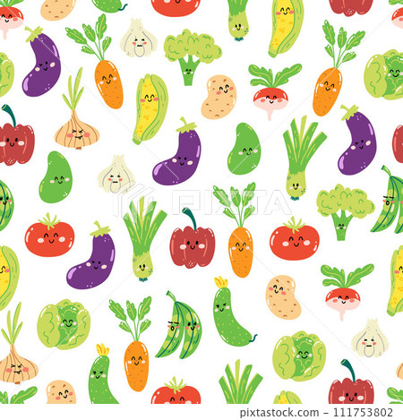 Hand drawn seamless pattern with cute kawaii veggies on white background. Colorful wallpaper with vegetables for print, wrapping paper, textile 111753802